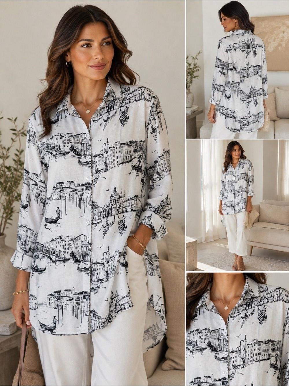 Jane + Delancey Venice Italy Linen Blend Tunic Shirt L
